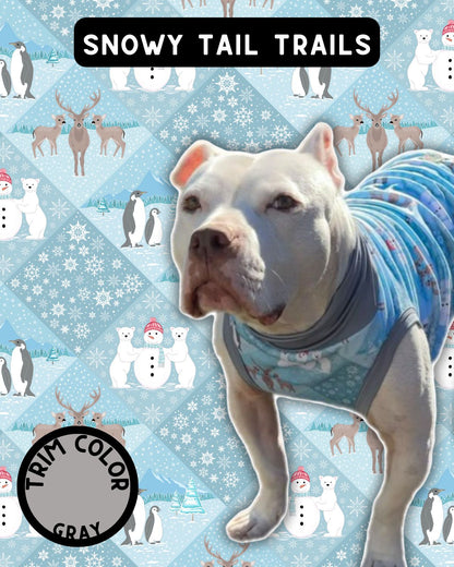 Snowy Tail Trails - Dog Pajama with Grey Neck & Trim/Sleeves