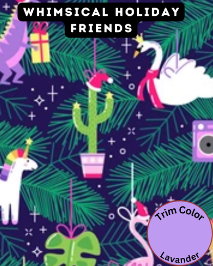 Whimsical Holiday Friends - Dog Pajama with Lavender Neck & Trim/Sleeves