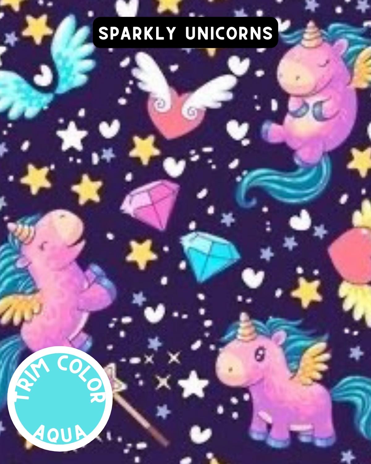 Sparkly Unicorn Dog Pajama with Aqua Neck & Trim/Sleeves