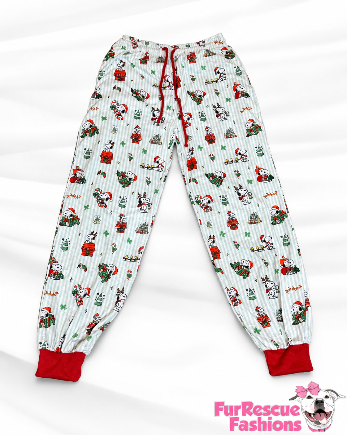 Snoopy’s Christmas Candy Cane Stripes - Dog Pajama with Red Neck & Trim/Sleeves