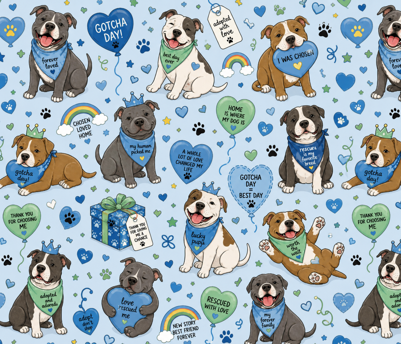 Bully Gotcha Day Blue - Dog Pajama with Light Green Neck & Trim/Sleeves