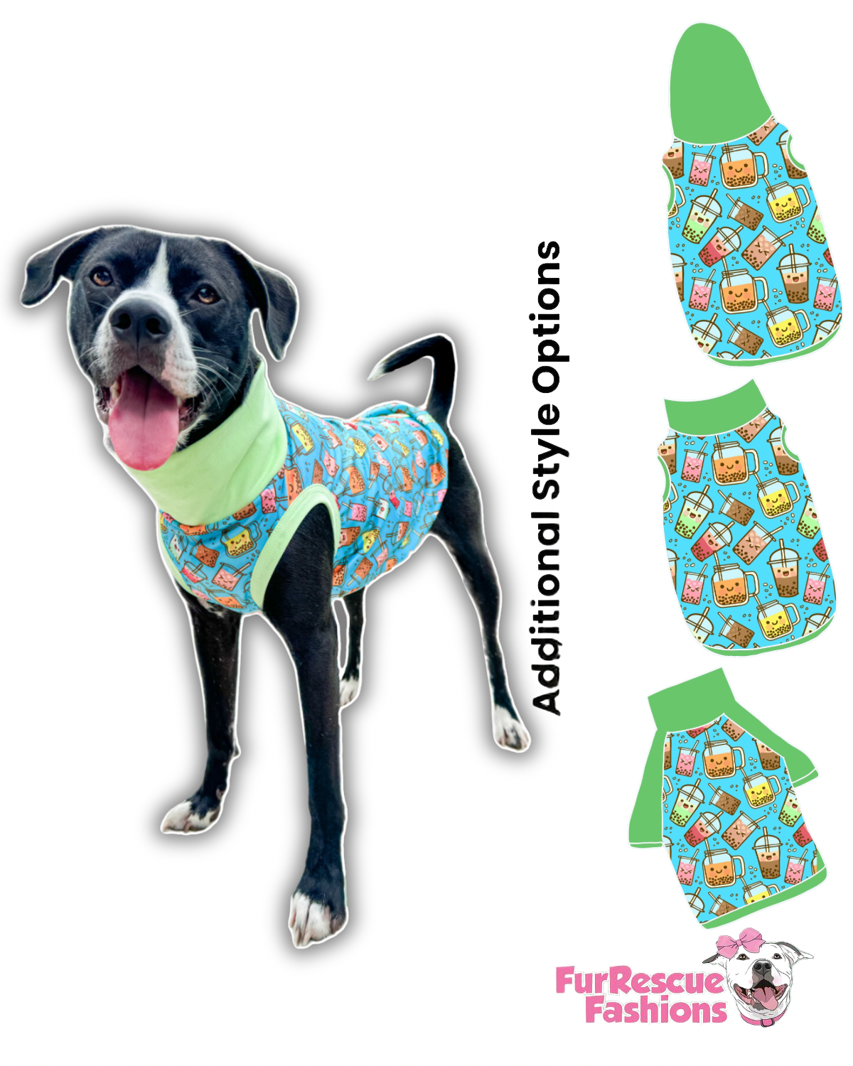 Boba Tea Dog Pajama with Green Neck & Trim/Sleeves