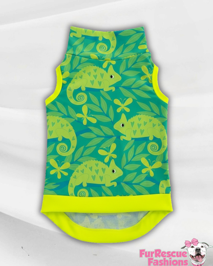 Chillin’ Chameleon - Dog Pajama with Neon Green Neck & Trim/Sleeves