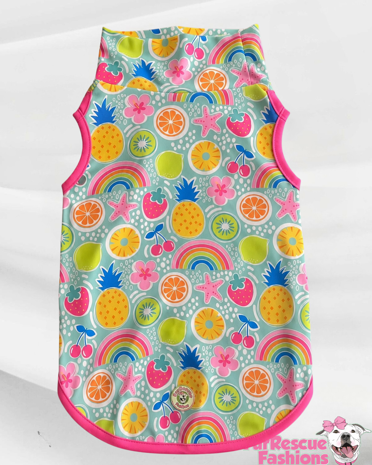 Summer Fruits & Rainbows - Dog Pajama with Pink OR Yellow Neck & Trim/Sleeves