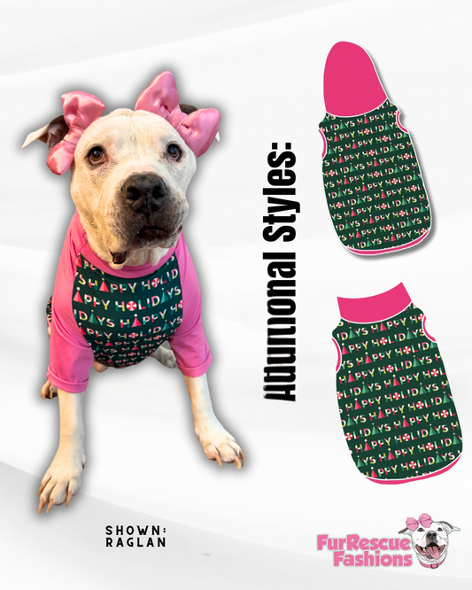 Happy Holidays - Dog Pajama with Hot Pink Neck & Trim/Sleeves