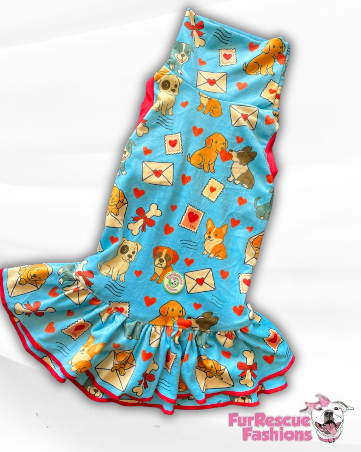 Valentine Mail Day Dog Pajama with Red Neck & Trim/Sleeves