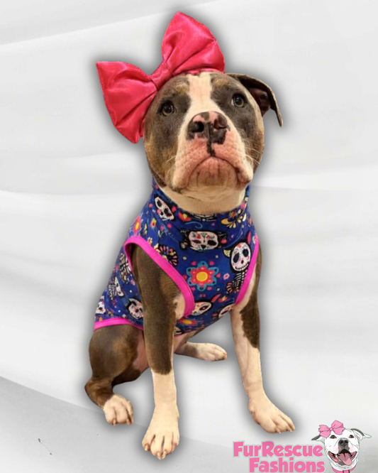 Sugar Skull Pups Día de Los Muertos - Dog Pajama with Hot Pink Neck & Trim/Sleeves