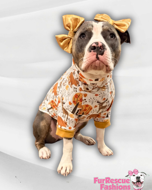 Woodland Fall Friends - Dog Pajama with Mustard Neck & Trim/Sleeves