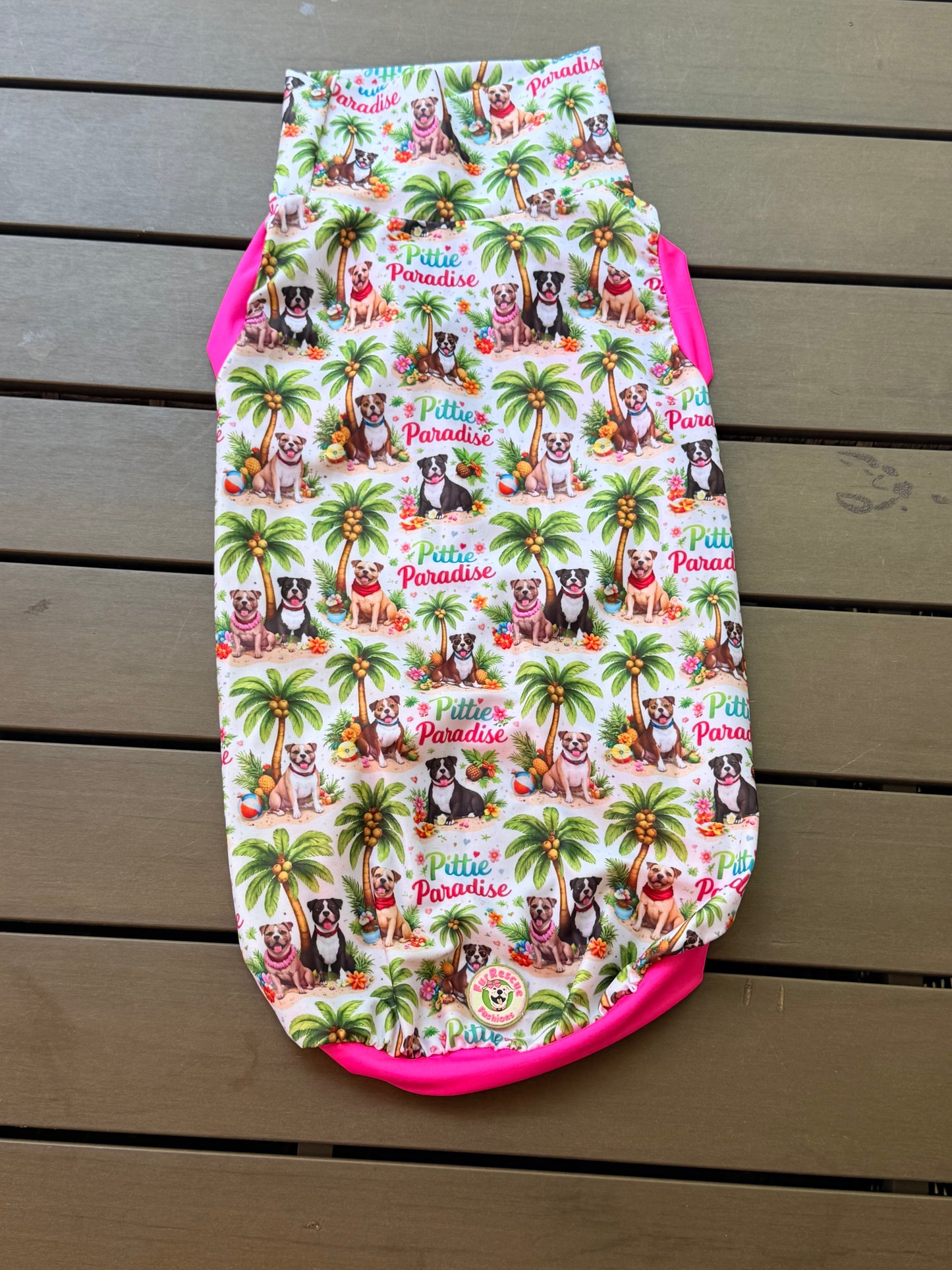 Pittie Paradise - Dog Pajama with Fuchsia Neck & Trim/Sleeves