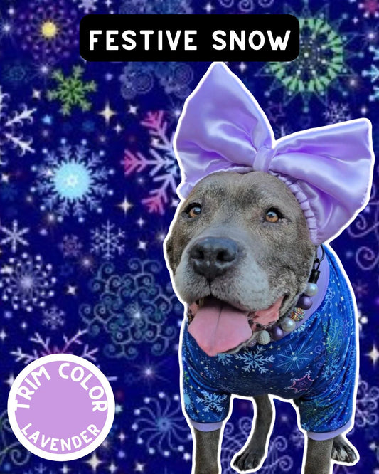 Festive Snow  - Dog Pajama with Lavender Neck & Trim/Sleeves