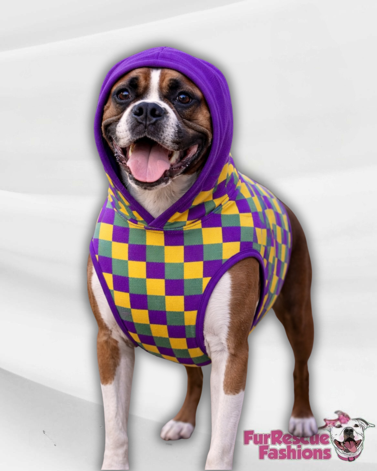 Mardi Gras Checkerboard Dog Pajama with Purple Neck & Trim/Sleeves