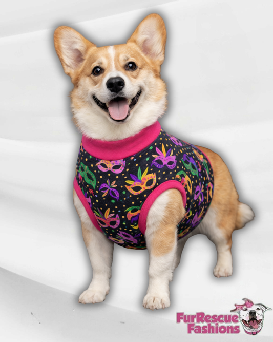 Mardi Gras Masquerade Pop Dog Pajama with Hot Pink Neck & Trim/Sleeves