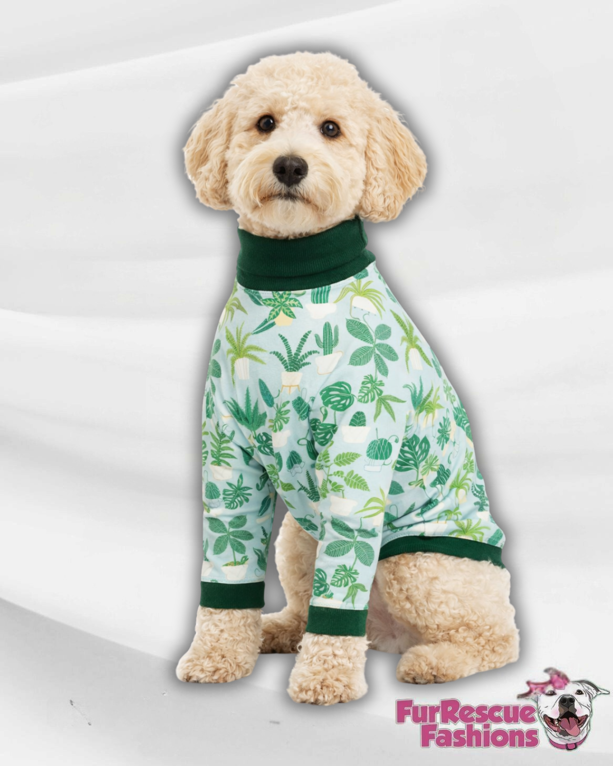 Happy Houseplants Dog Pajama with Green Neck & Trim/Sleeves