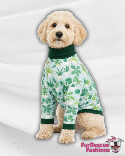 Happy Houseplants Dog Pajama with Green Neck & Trim/Sleeves