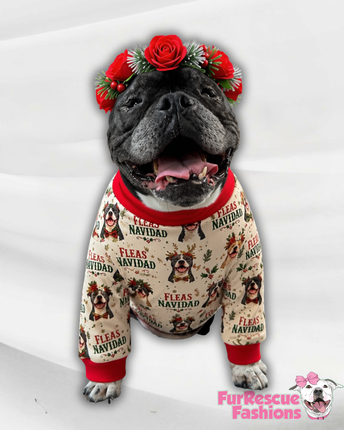 Fleas Navidad Pittie Style - Dog Pajama with Red Neck & Trim/Sleeves