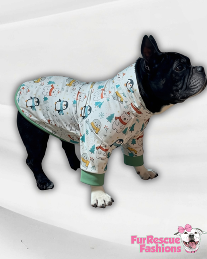 Arctic Winter Friends - Dog Pajama with Green Neck & Trim/Sleeves