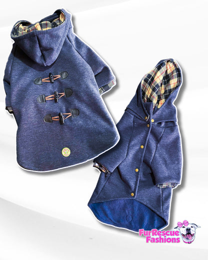 Classy Dog Peacoat With Barkberry & Fleece Lining  - Removable Hoodie (Red & Navy Blue)