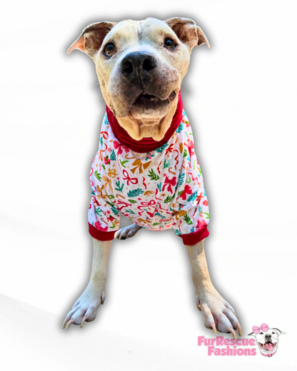 Bows, Boughs & Holly Dog Pajama with Green Neck & Trim/Sleeves