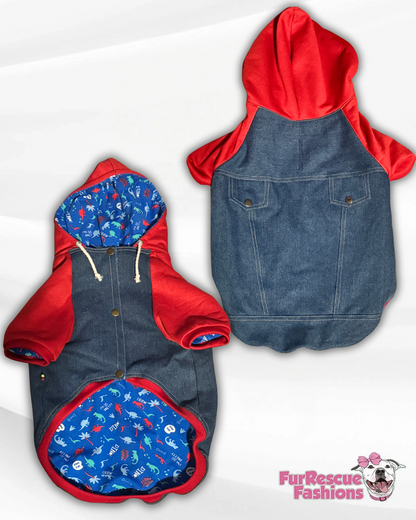 Denim Dog Jacket with Red Hoodie & Sleeves