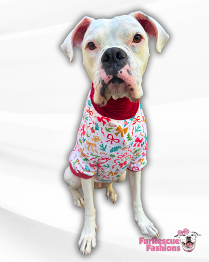 Bows, Boughs & Holly Dog Pajama with Green Neck & Trim/Sleeves