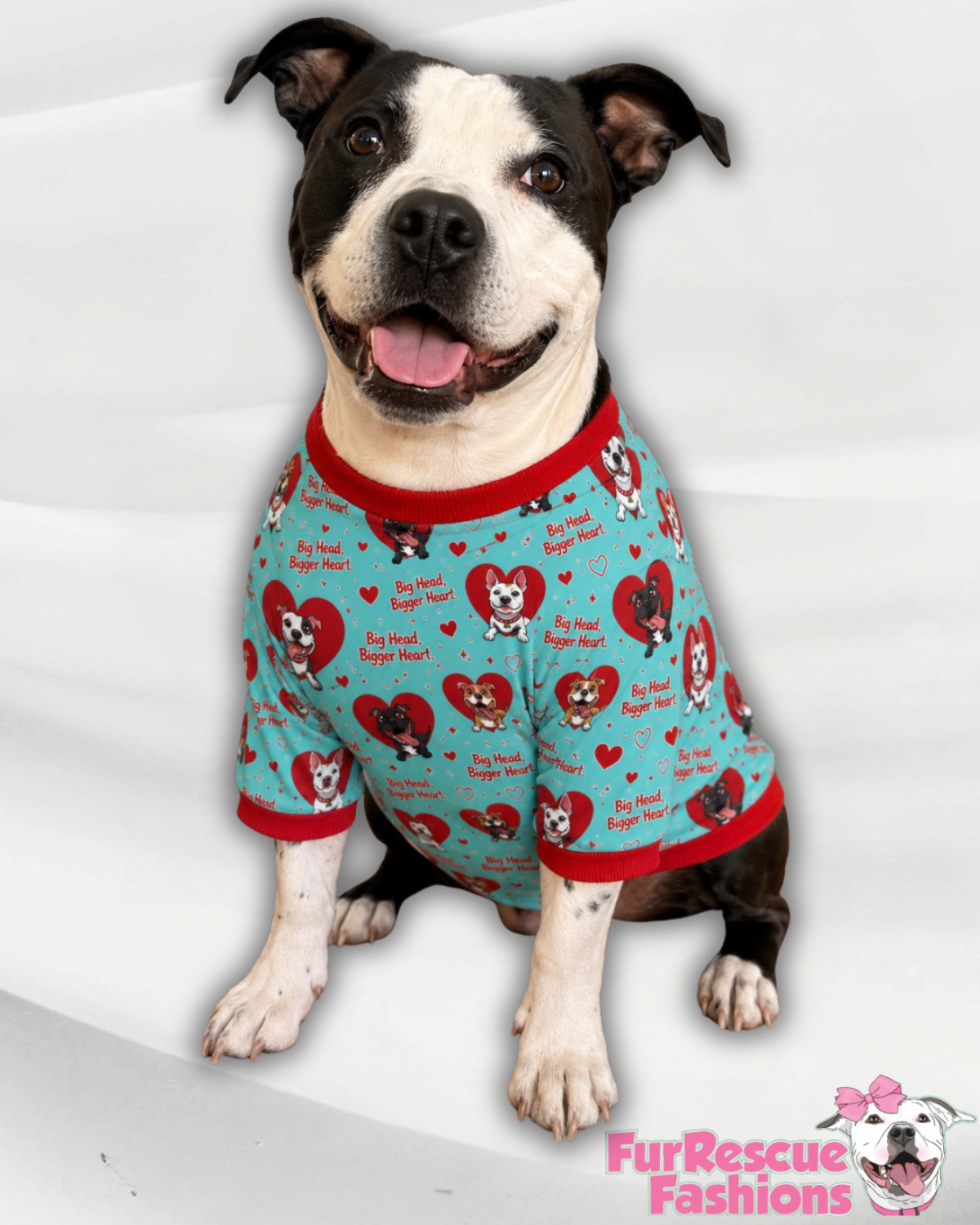 Big Head Bigger Heart - Dog Pajama with Red Neck & Trim/Sleeves
