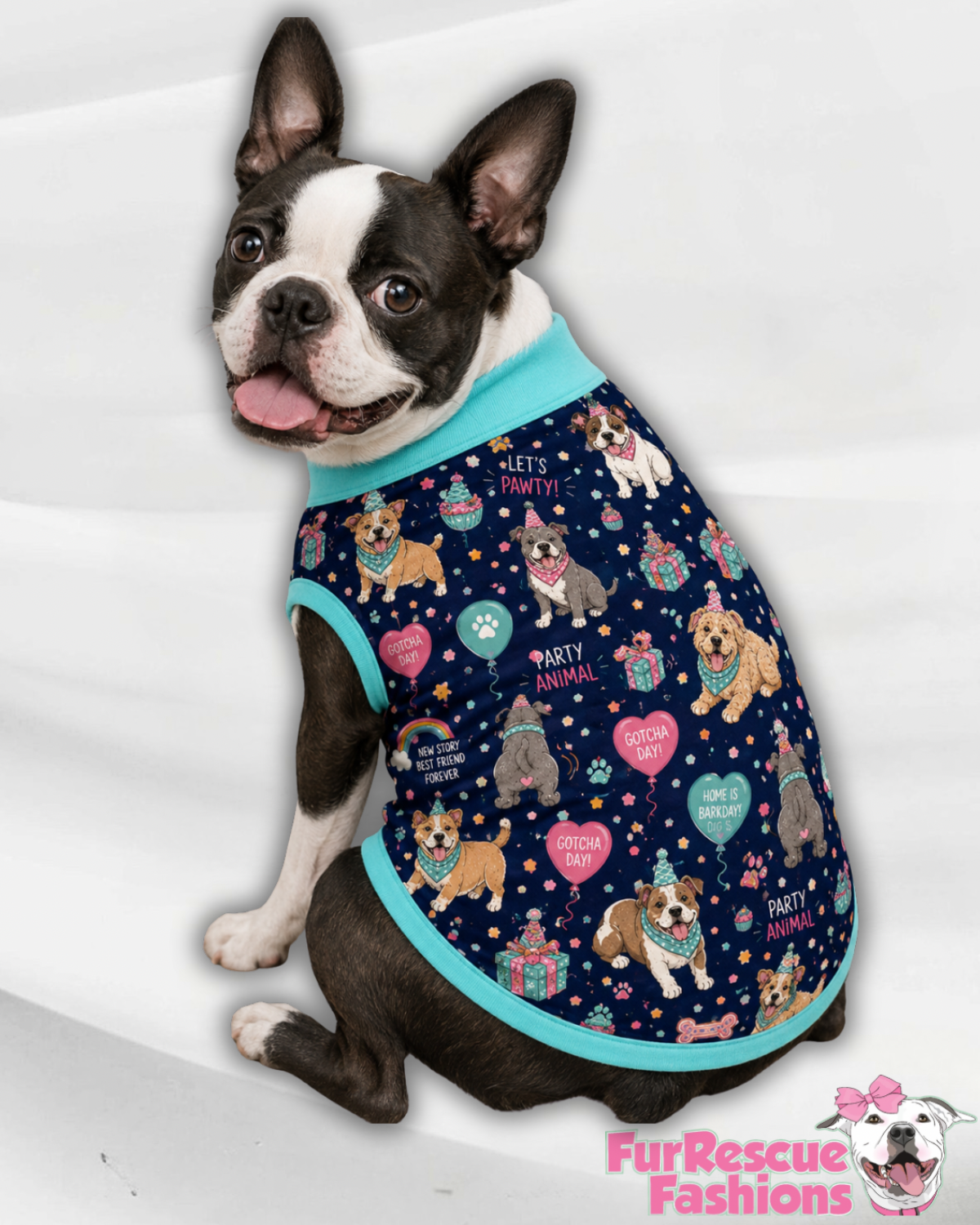 Let’s Pawty on My Barkday Navy Blue - Dog Pajama with Aqua Neck & Trim/Sleeves