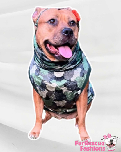 Pittie Camo – Olive Green Dog Pajama with Green Neck & Trim/Sleeves