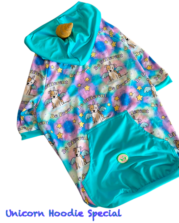 Pittiecorn Proud – Dog Pajama with Aqua Neck & Trim/Sleeves