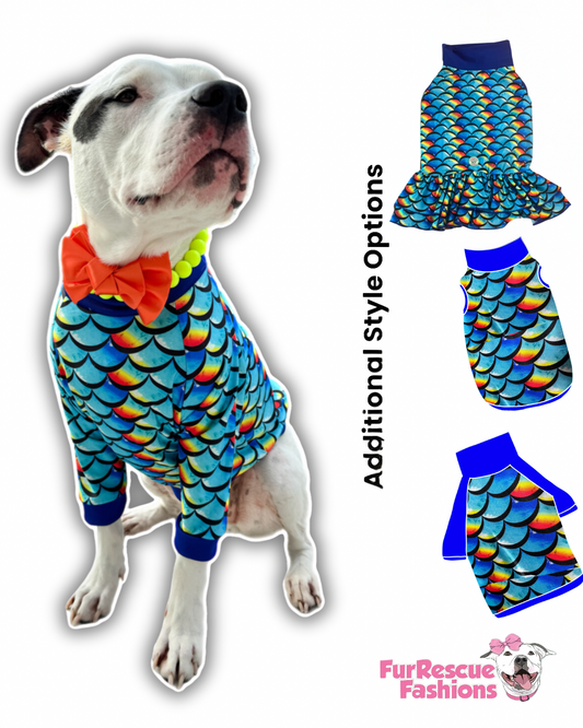 Pride Mermaid Scales Dog Pajama with Royal Blue Neck & Trim/Sleeves