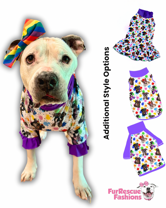 Doggie Pride Paint Splatter Dog Pajama with Purple Neck & Trim/Sleeves