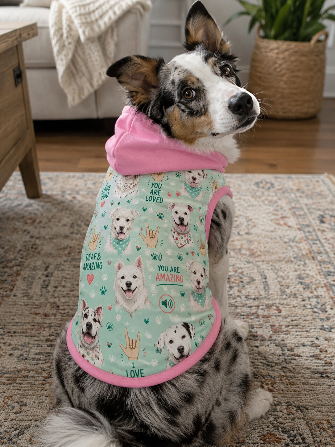 Deaf & Amazing - Dog Pajama with Green or Pink Neck & Trim/Sleeves