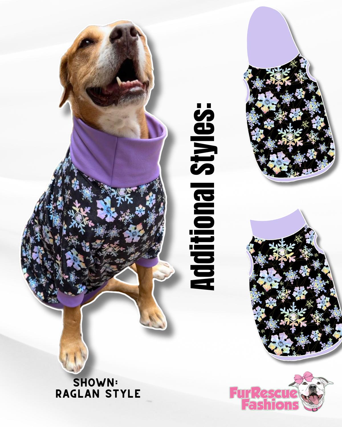 Snow Glow - Dog Pajama with Lavender Neck & Trim/Sleeves