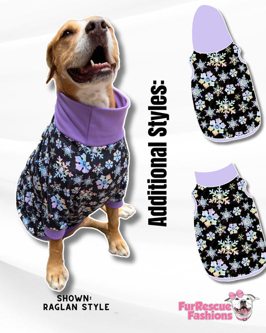 Snow Glow - Dog Pajama with Lavender Neck & Trim/Sleeves