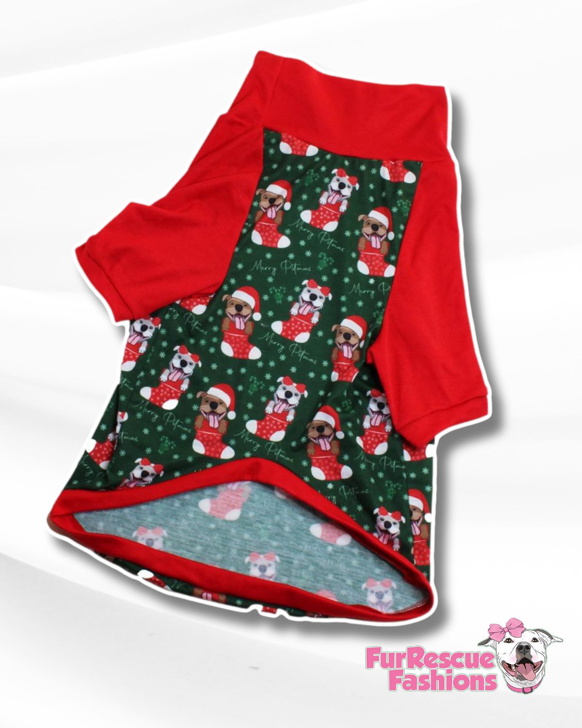 Merry Pitmas Dog Pajama with Red Neck & Trim/Sleeves