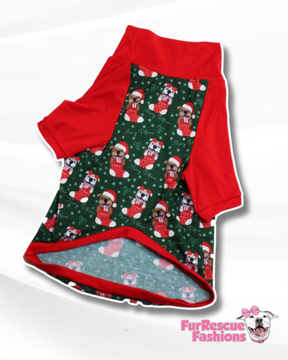 Merry Pitmas Dog Pajama with Red Neck & Trim/Sleeves