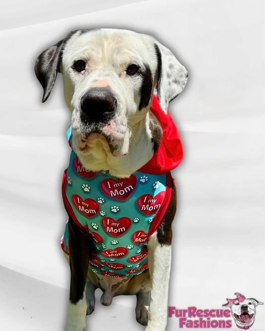 I Love My Mom - Teal - PAWJama with Red Trim & Neck