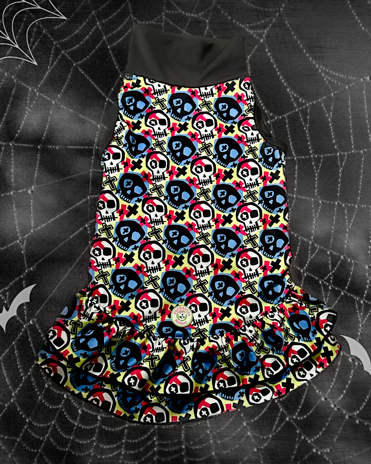 Dead Men Tails Dog Dress with Ruffle - Black Neck & Trim