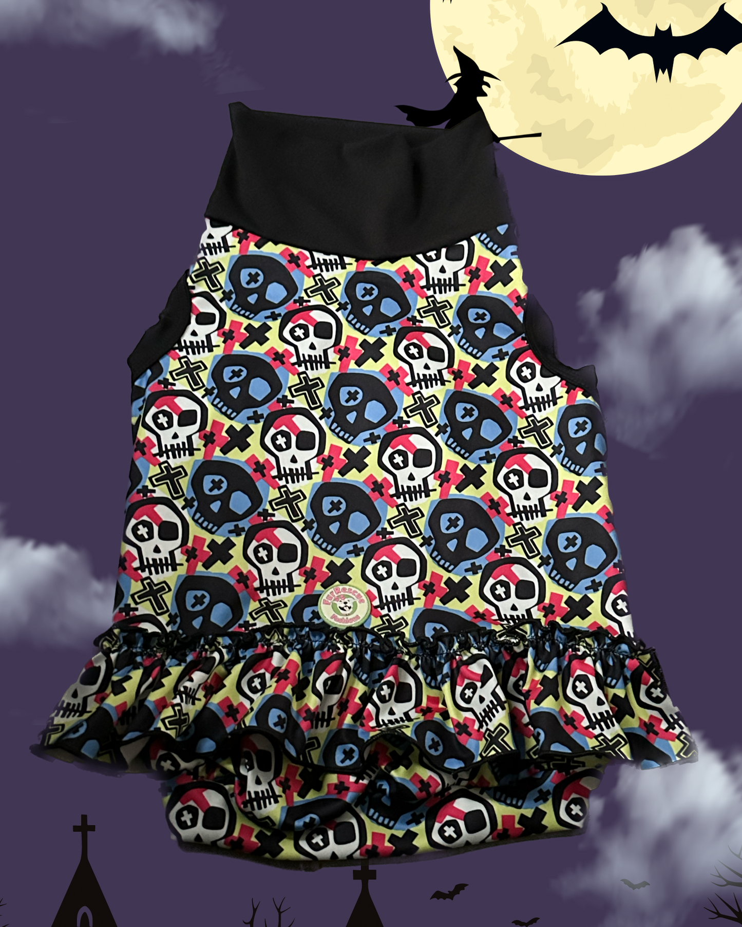 Dead Men Tails Dog Dress with Ruffle - Black Neck & Trim