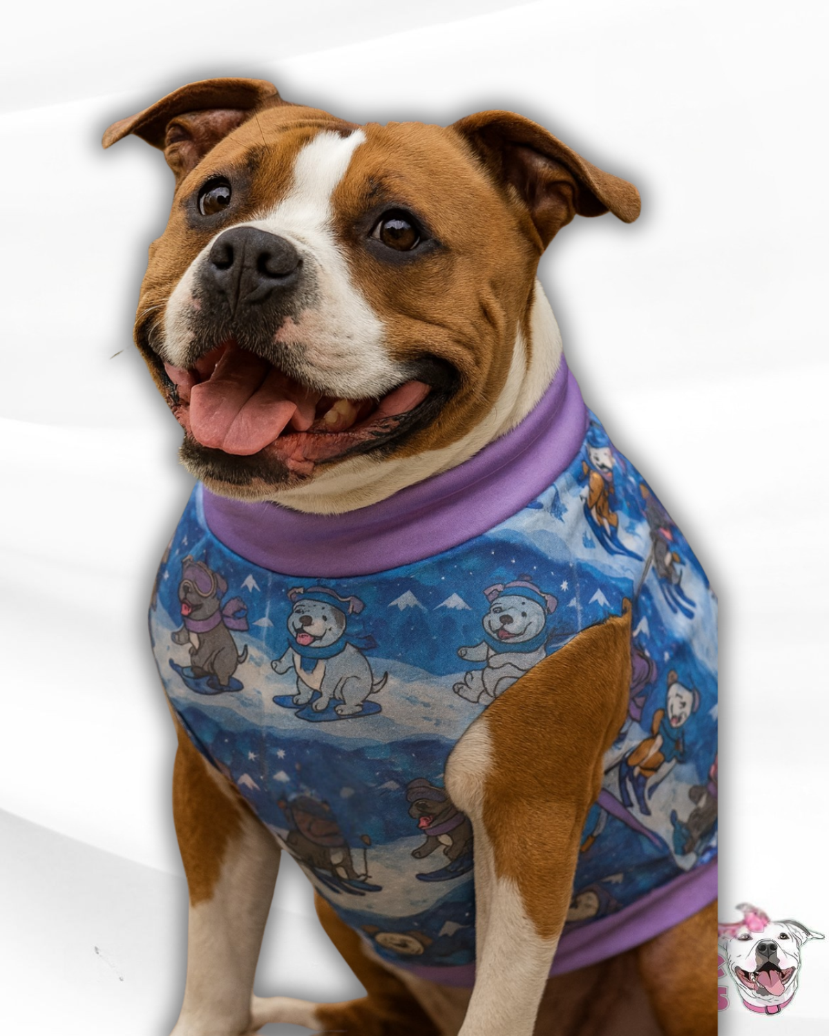Winter Slope Buddies Dog Pajama with Lavender Neck & Trim/Sleeves