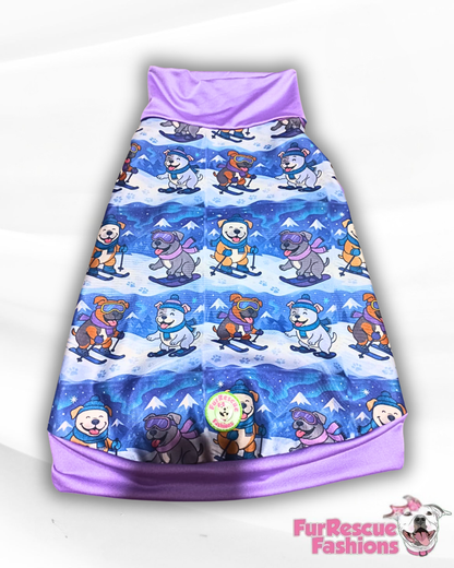 Winter Slope Buddies Dog Pajama with Lavender Neck & Trim/Sleeves