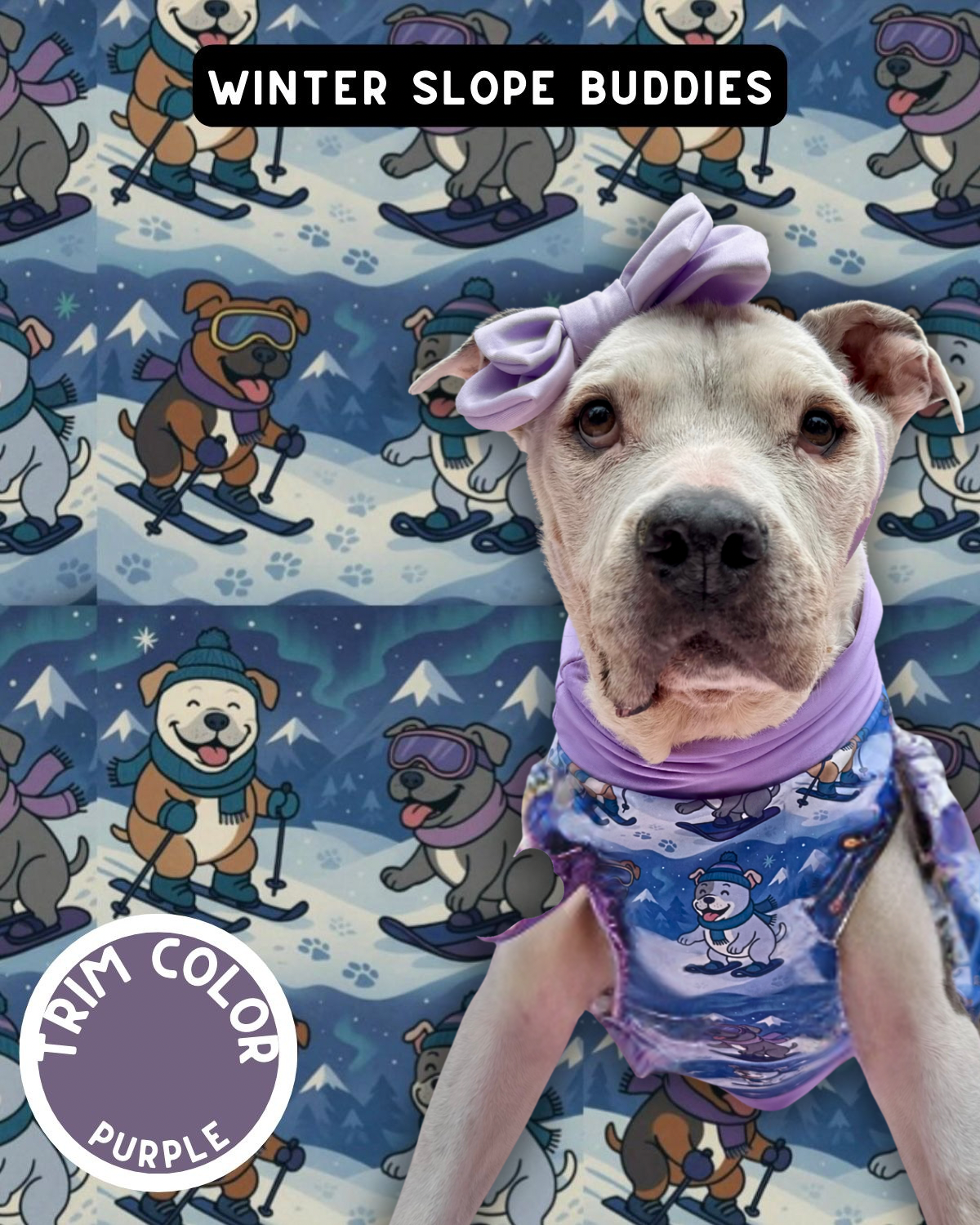 Winter Slope Buddies Dog Pajama with Lavender Neck & Trim/Sleeves