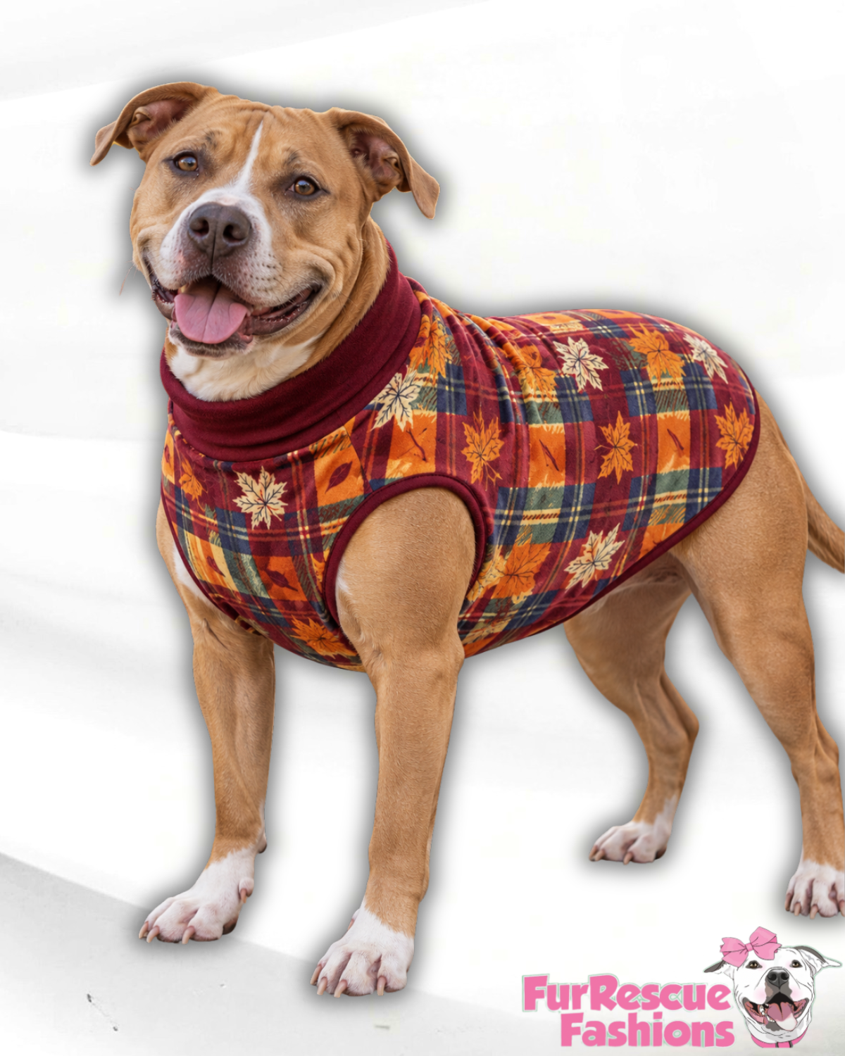Autumn Leaves & Plaid Ultra-Luxe - Dog Pajama with Burgundy Neck & Trim/Sleeves