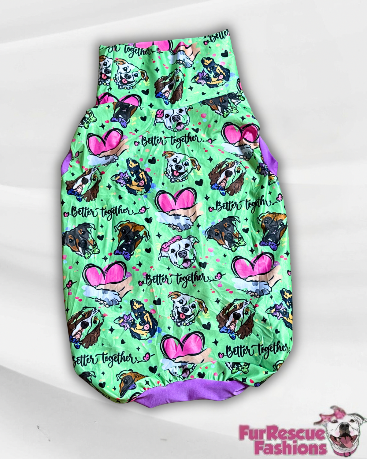 Better Together (Green) - Dog Pajama with Purple Neck & Trim/Sleeves