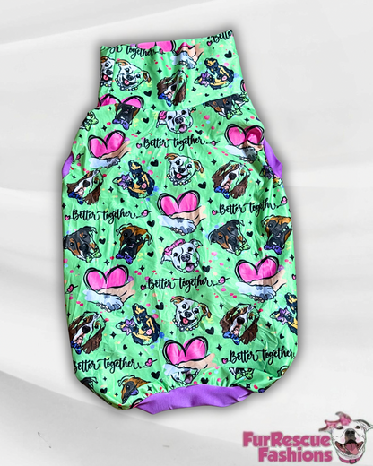 Better Together (Green) - Dog Pajama with Purple Neck & Trim/Sleeves