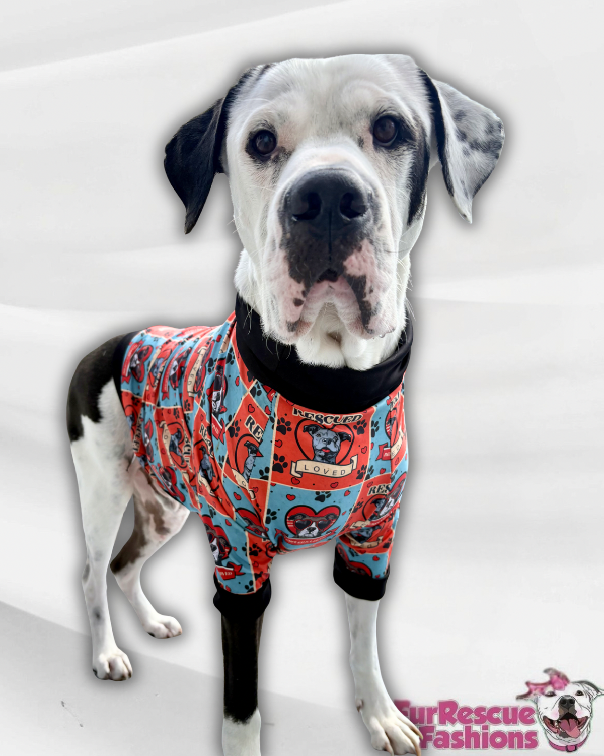 Retro Ruff Love - Dog Pajama with Black Neck & Trim/Sleeves