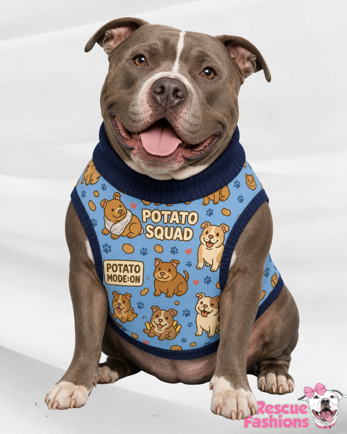 Potato Squad Dog Pajama with Navy Blue Trim