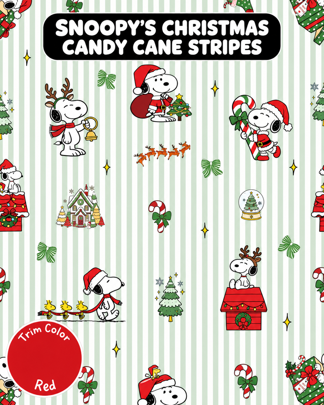 Snoopy’s Christmas Candy Cane Stripes - Dog Pajama with Red Neck & Trim/Sleeves