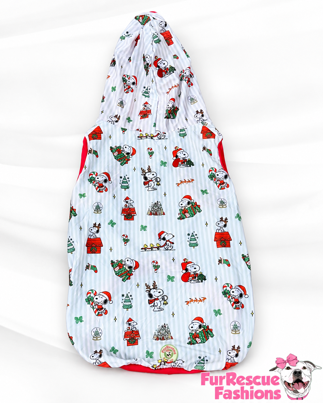 Snoopy’s Christmas Candy Cane Stripes - Dog Pajama with Red Neck & Trim/Sleeves