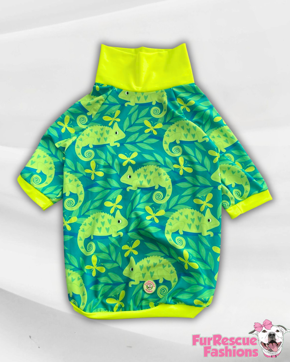 Chillin’ Chameleon - Dog Pajama with Neon Green Neck & Trim/Sleeves