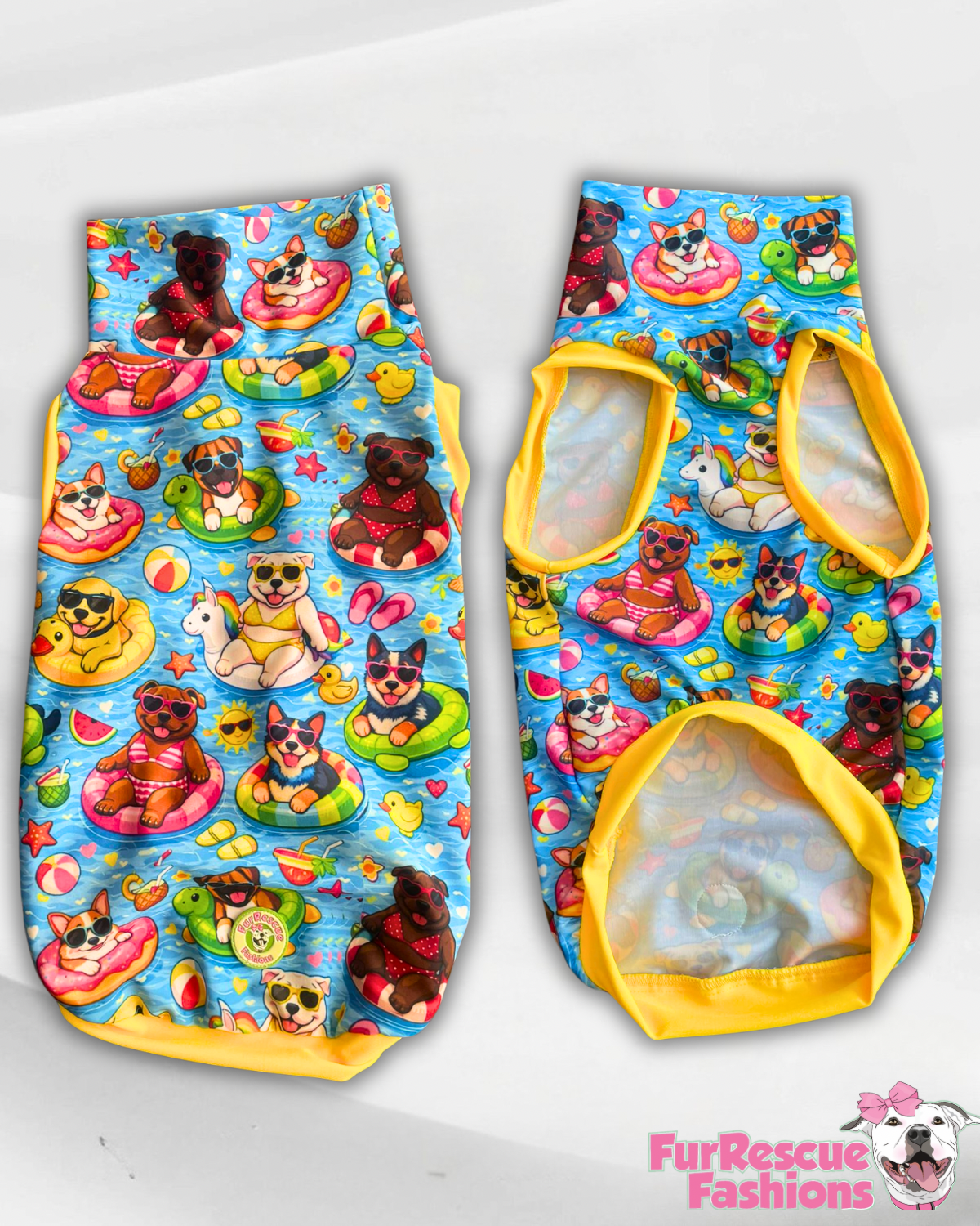 Pup Pool Pawty - Dog Pajama with Yellow Neck & Trim/Sleeves